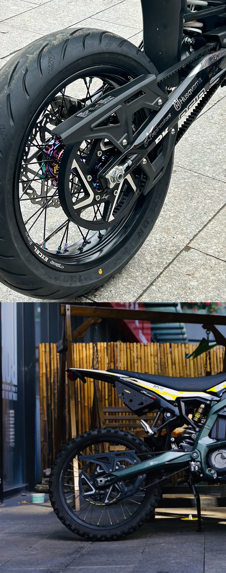 Rear tire beside the installed belt drive